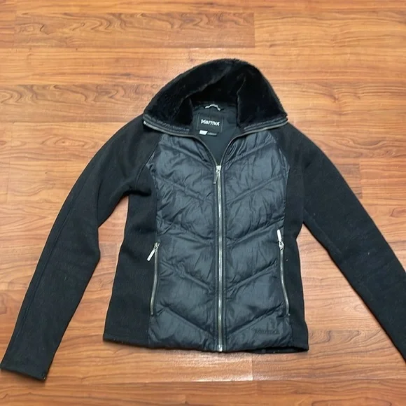 MARMOT Thea Jacket Down Insulated Hybrid with Fleece Sleeves Faux Fur Collar, XS - Picture 4 of 13